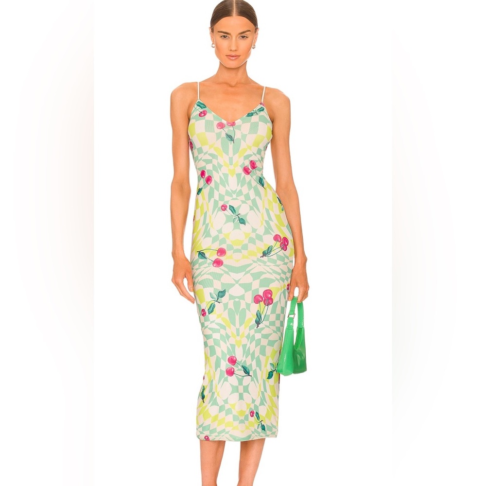 NWT AFRM Amina Mesh Midi Slip-dress in Mint Cherry Print.